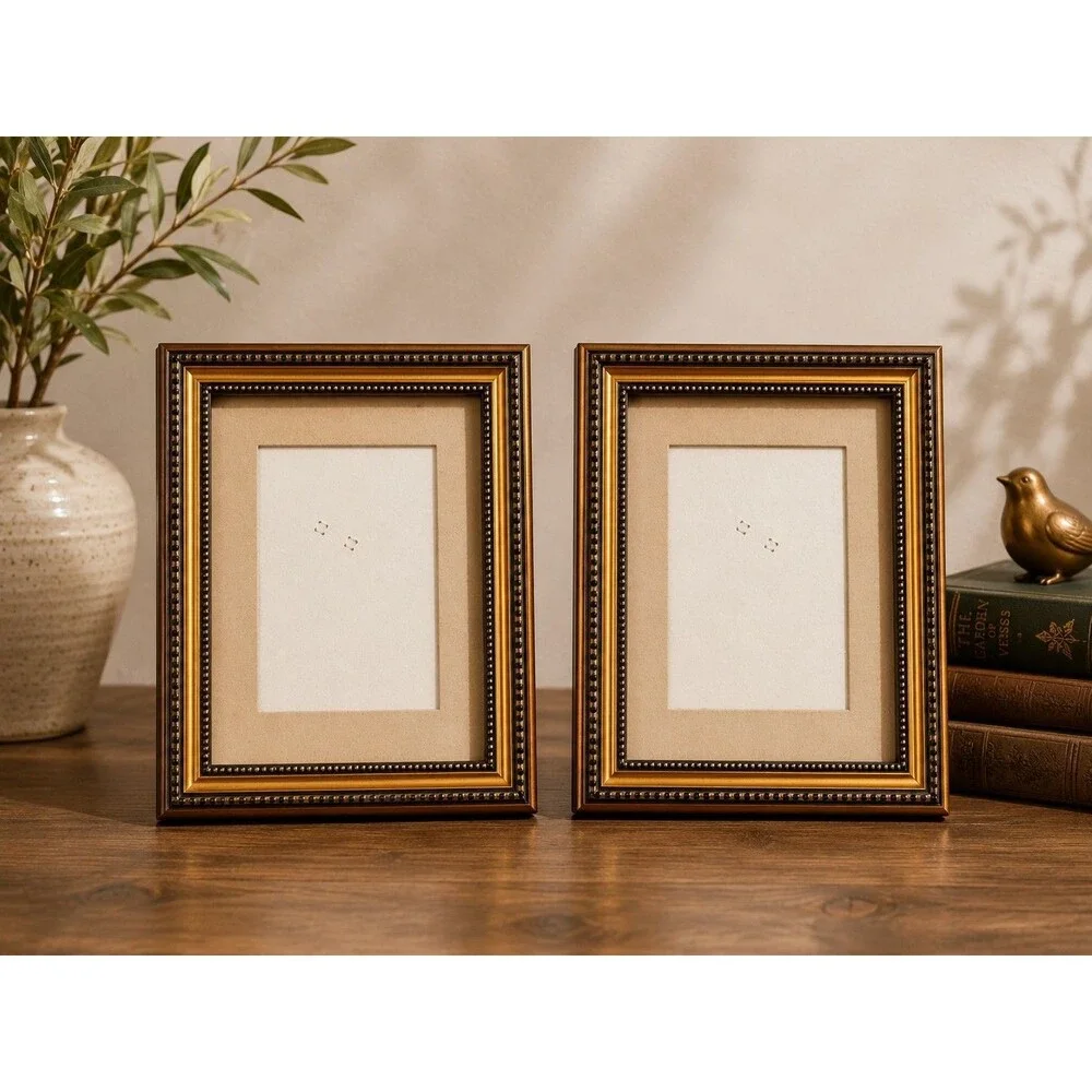 Set of 2 Vintage Gold-Tone Beaded Wood Picture Frames with Mat & Glass